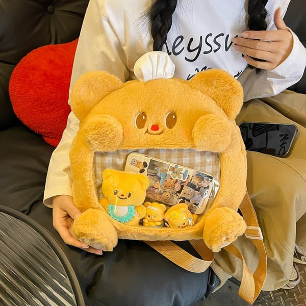 Yellow Teddy Plush Backpack | Cute Furry Cartoon Bag with Plaid Design | Large Capacity Ita Bag for Fans